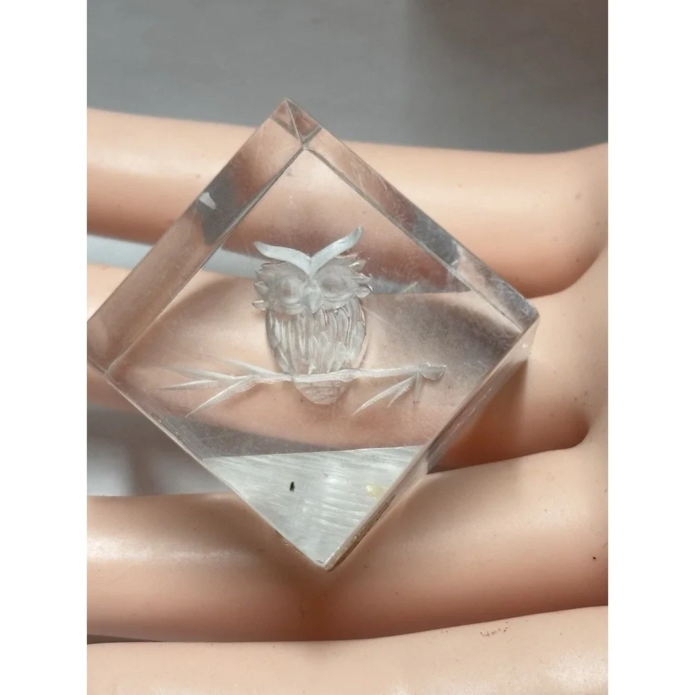 OWL ‎ LUCITE Acrylic OWL Russ & Co decorative small etched cube carved